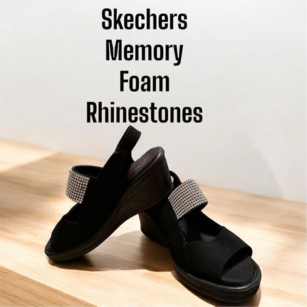 Skechers Women's Black Rhinestone Stretch Slingback Wedge Sandal Dressy Comfort
